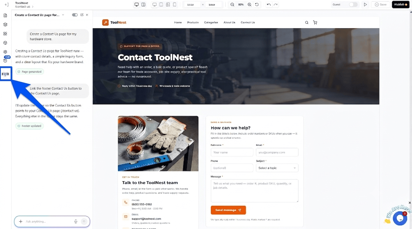 AI Buddy chat in the Builder, generating a Contact Us page and updating the footer from prompts