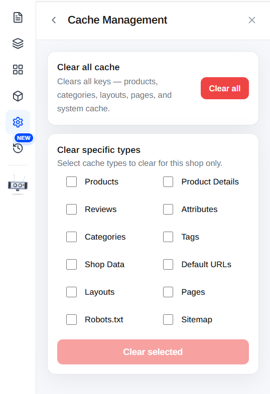 The Cache Management panel with Clear all cache and Clear specific types options