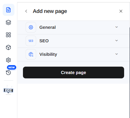 The Add new page form with General, SEO, and Visibility sections