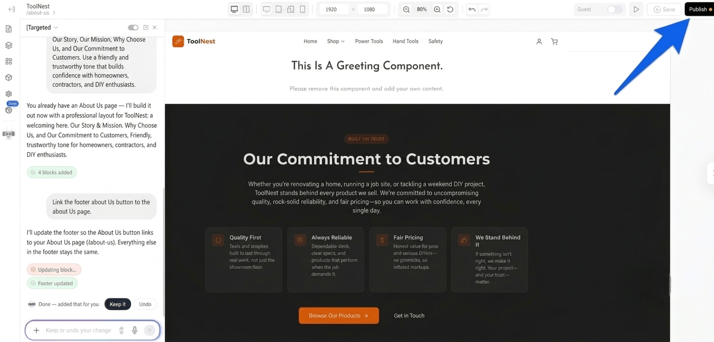 Designing a page with AI Buddy, with the Publish button highlighted at the top right